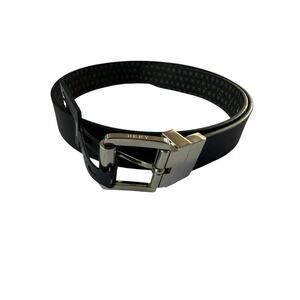 NWT DKNY Small Faux Leather Reversible Belt Black Brown Logo Silver Buckle #6399